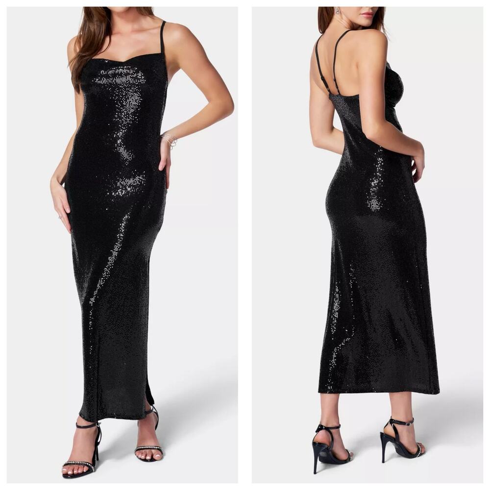 Bebe Black Sequin Spaghetti Strap Midi Dress Size Small Cocktail Wedding
